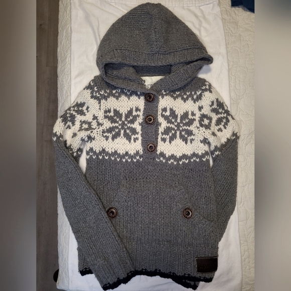 Superdry gray and white pullover hooded knit sweater with buttons - Picture 1 of 4